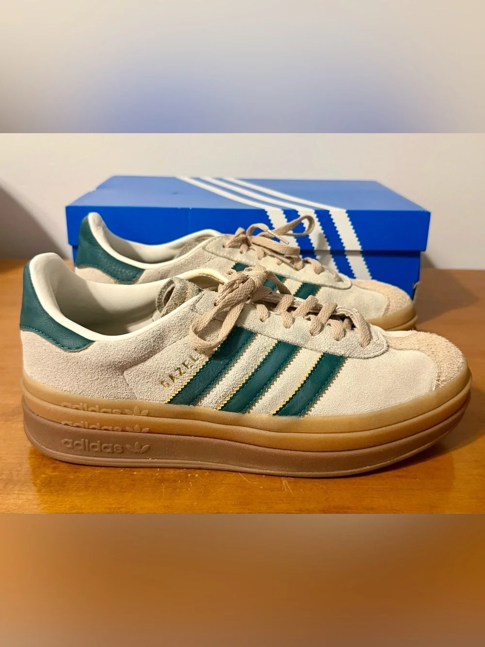 Adidas Women’s Gazelle Bold Beige Suede Samba-Style Sneakers with Green Stripes - Picture 4 of 7